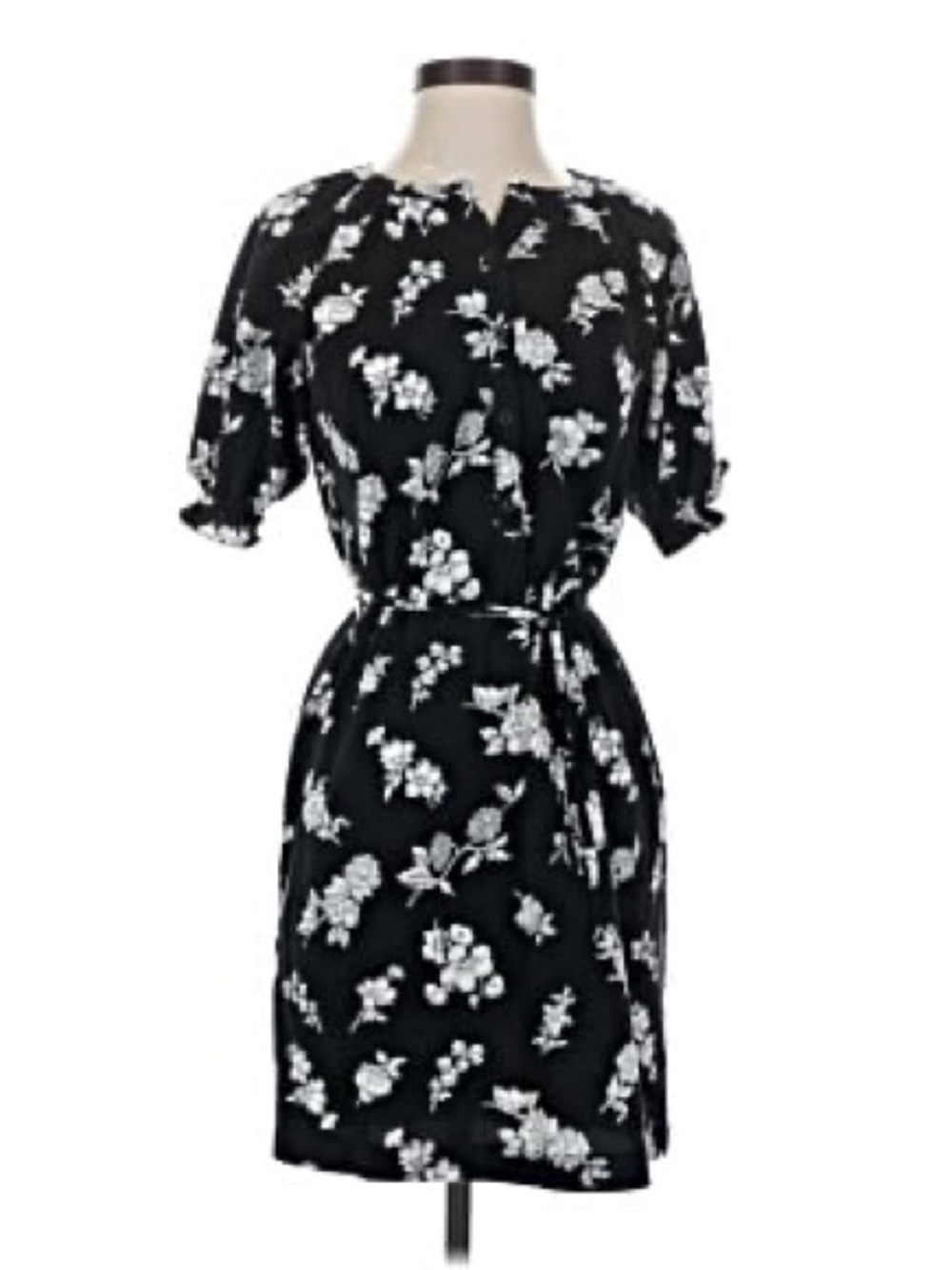LOFT Black and White Floral Tie-Waist Midi Dress
